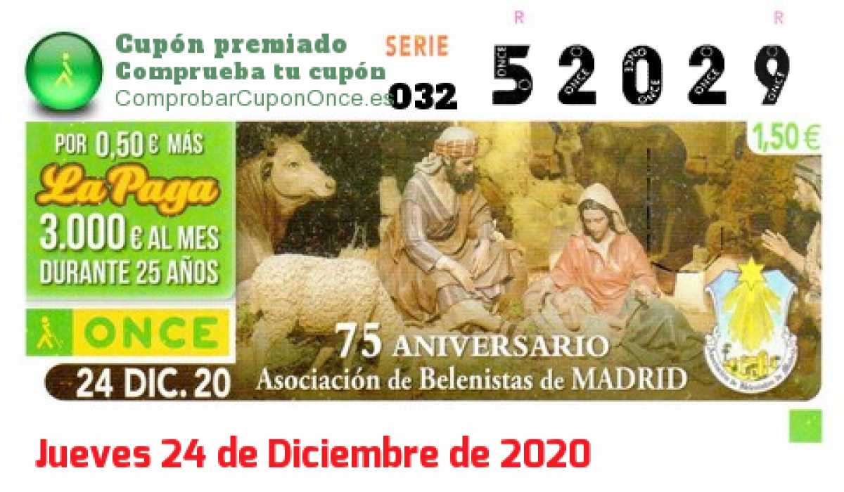 Cupón ONCE premiado el Jueves 24/12/2020