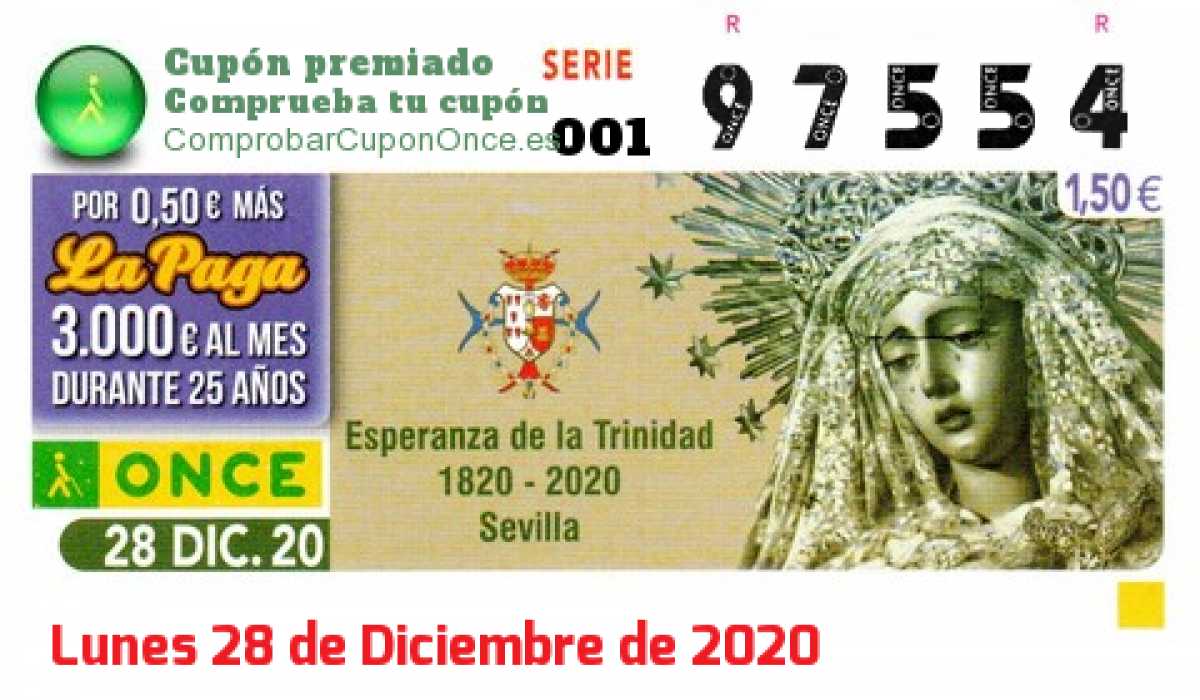 Cupón ONCE premiado el Lunes 28/12/2020