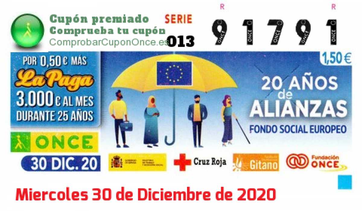 Cupón ONCE premiado el Miercoles 30/12/2020