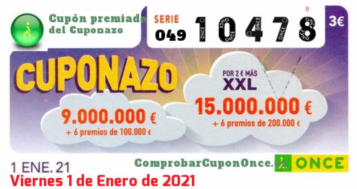 Cuponazo ONCE premiado el Viernes 1/1/2021