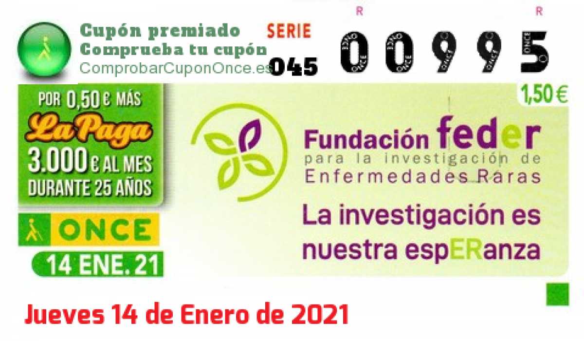 Cupón ONCE premiado el Jueves 14/1/2021