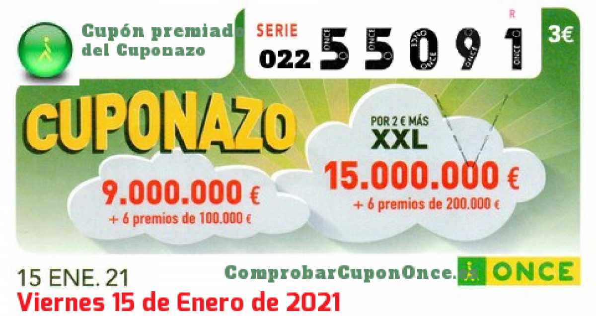 Cuponazo ONCE premiado el Viernes 15/1/2021