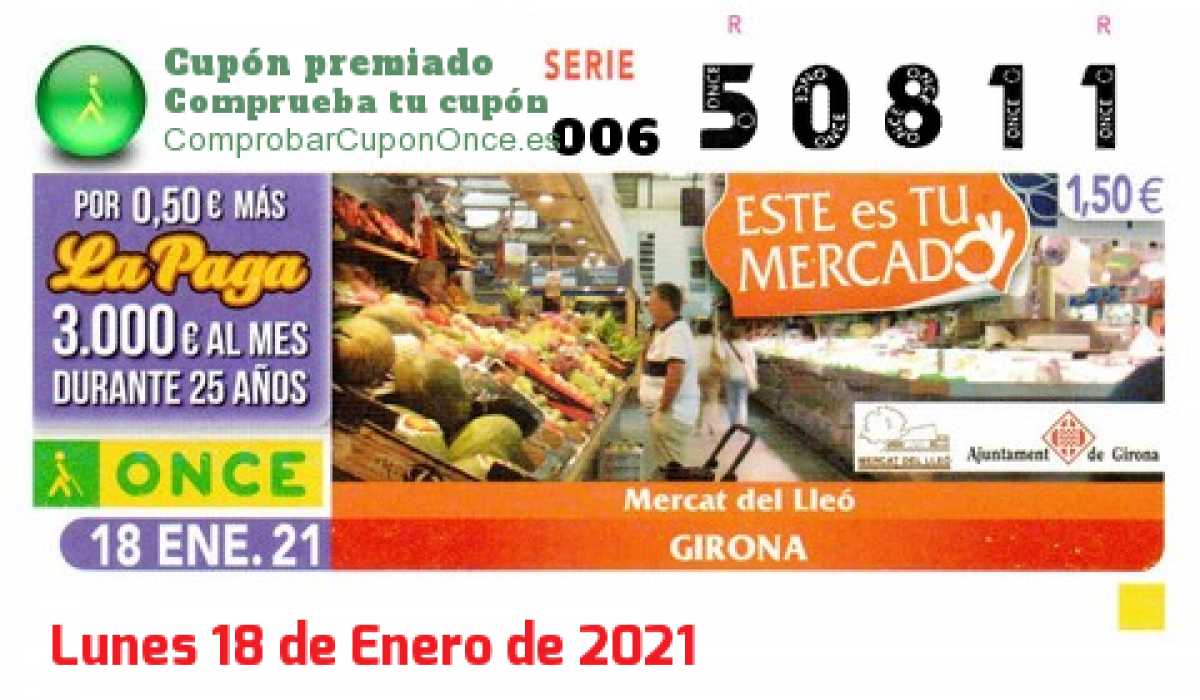 Cupón ONCE premiado el Lunes 18/1/2021