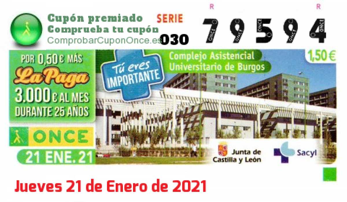 Cupón ONCE premiado el Jueves 21/1/2021