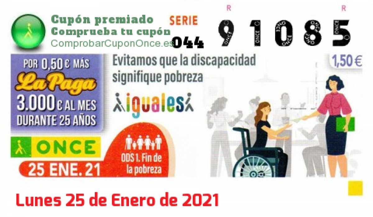 Cupón ONCE premiado el Lunes 25/1/2021