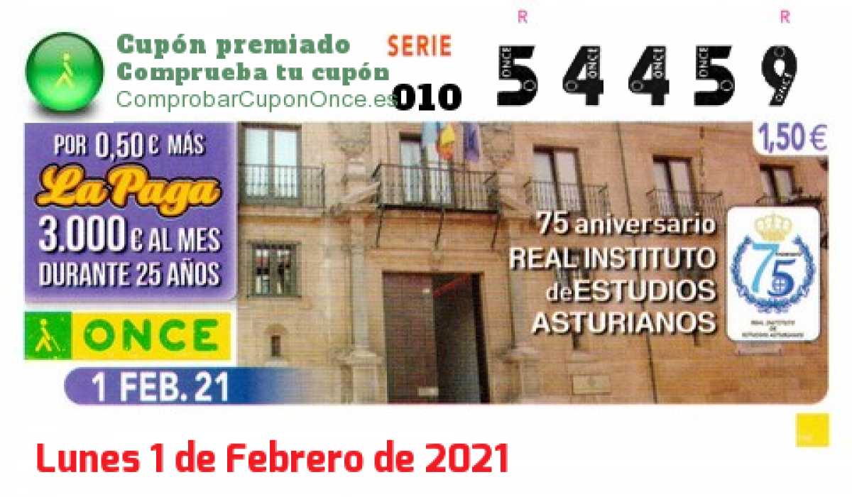 Cupón ONCE premiado el Lunes 1/2/2021