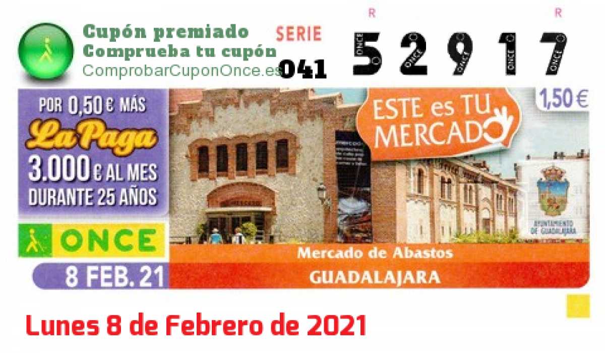 Cupón ONCE premiado el Lunes 8/2/2021