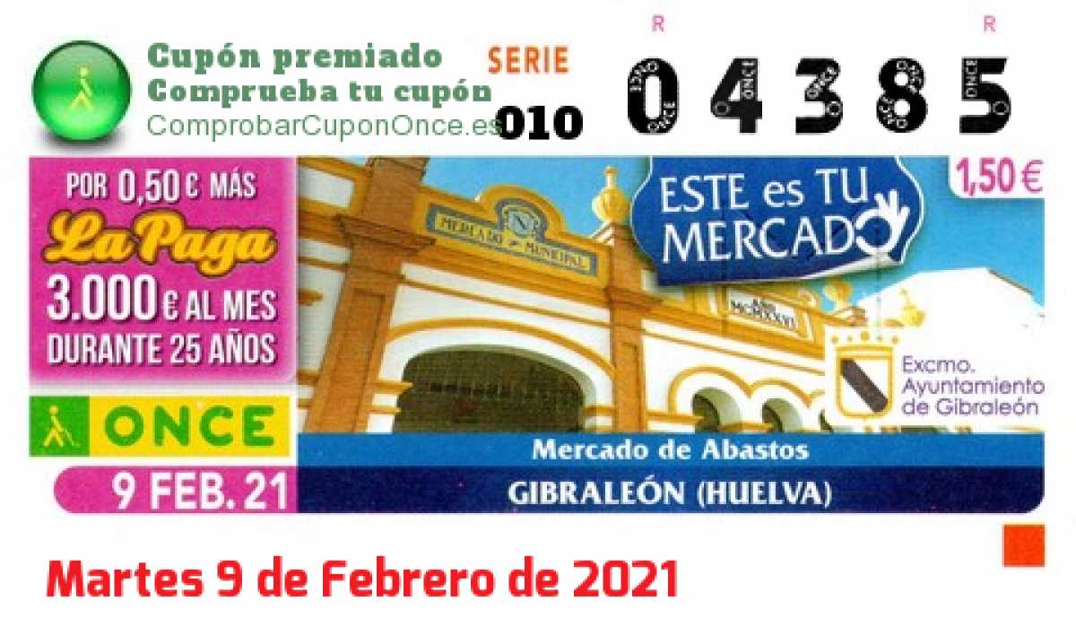 Cupón ONCE premiado el Martes 9/2/2021