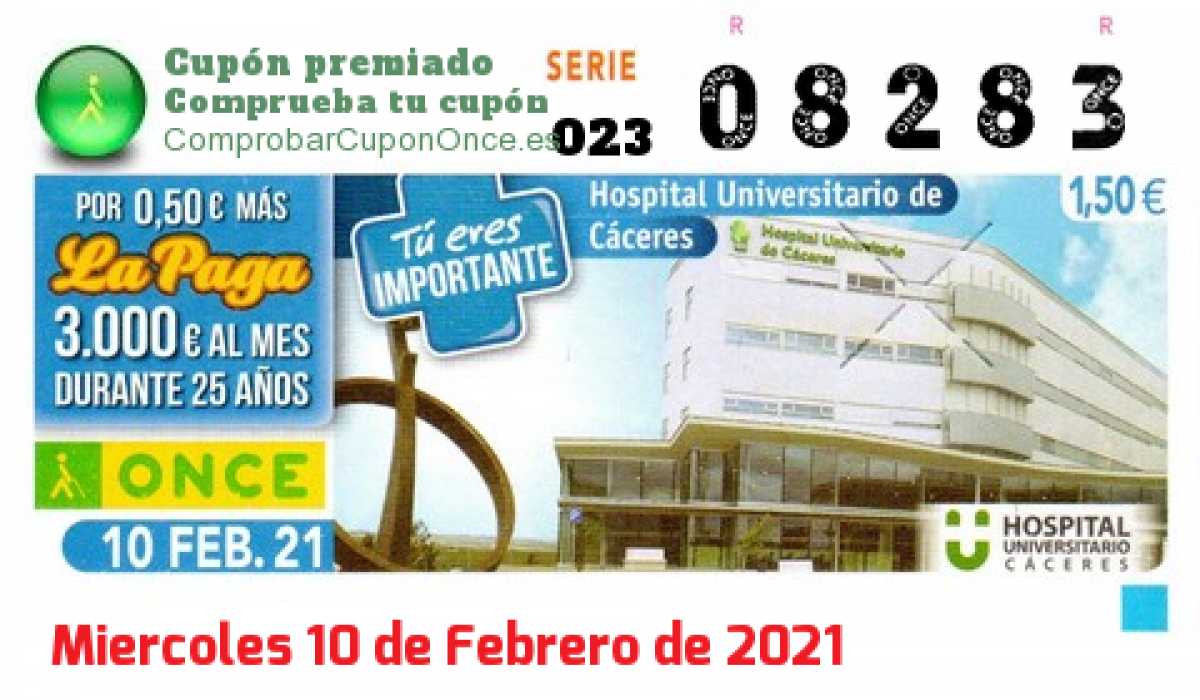 Cupón ONCE premiado el Miercoles 10/2/2021