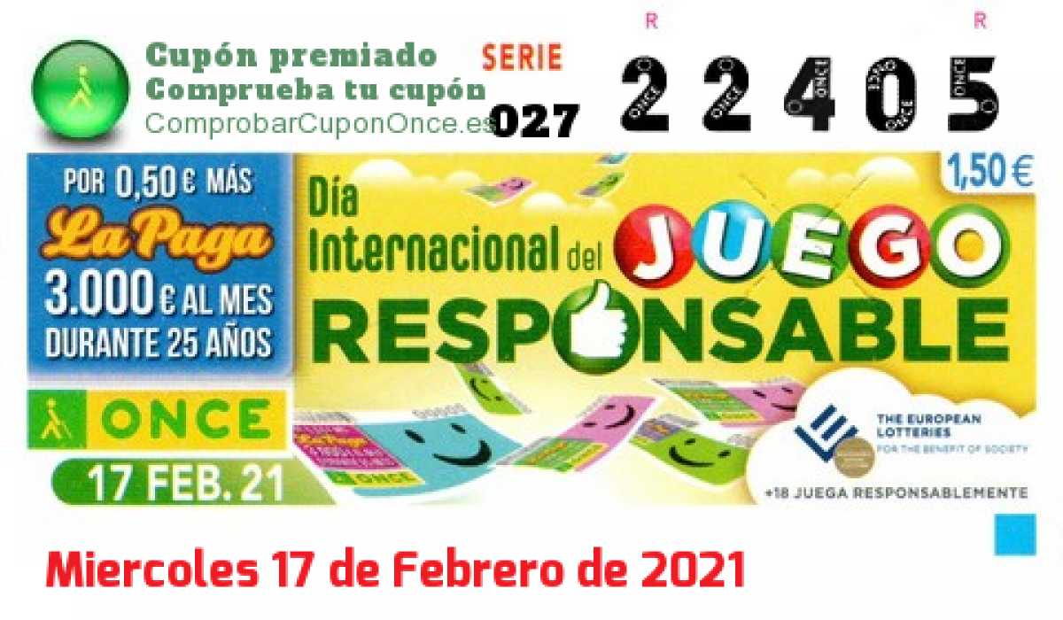 Cupón ONCE premiado el Miercoles 17/2/2021