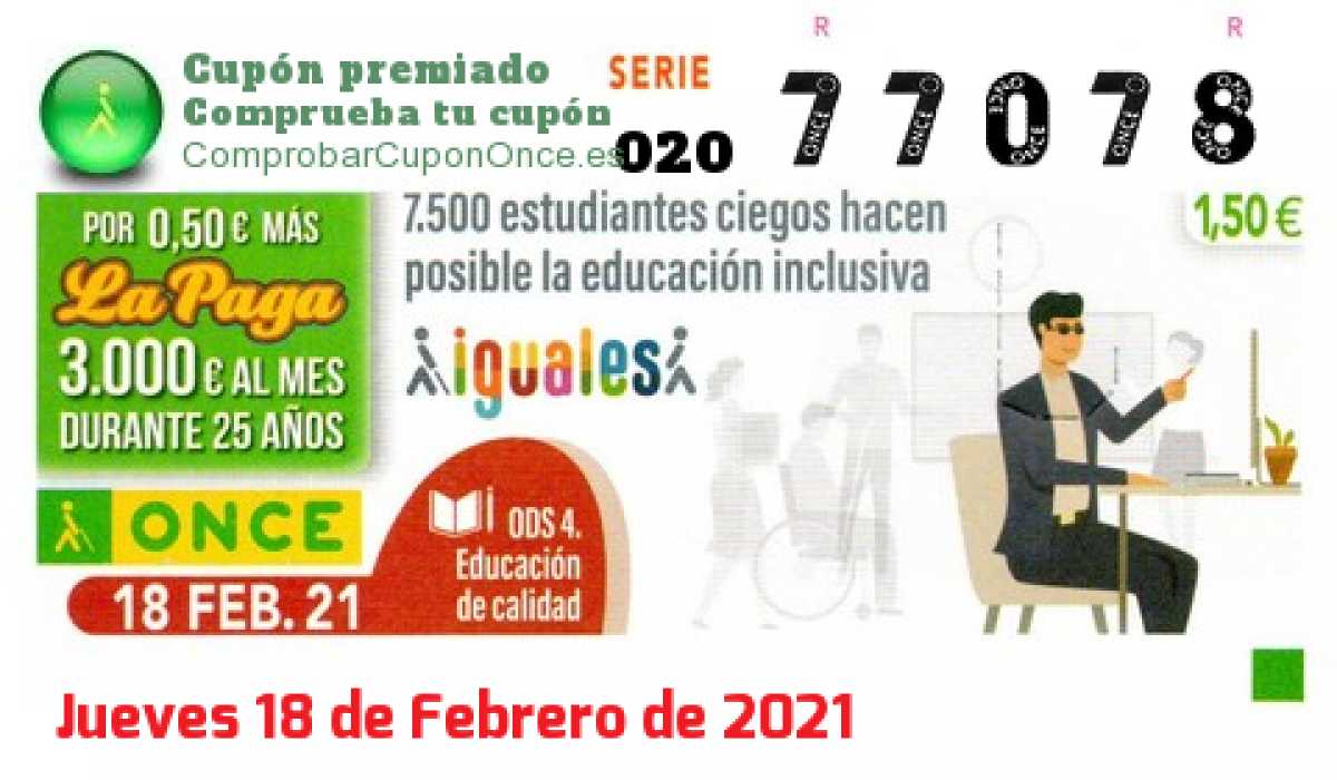 Cupón ONCE premiado el Jueves 18/2/2021