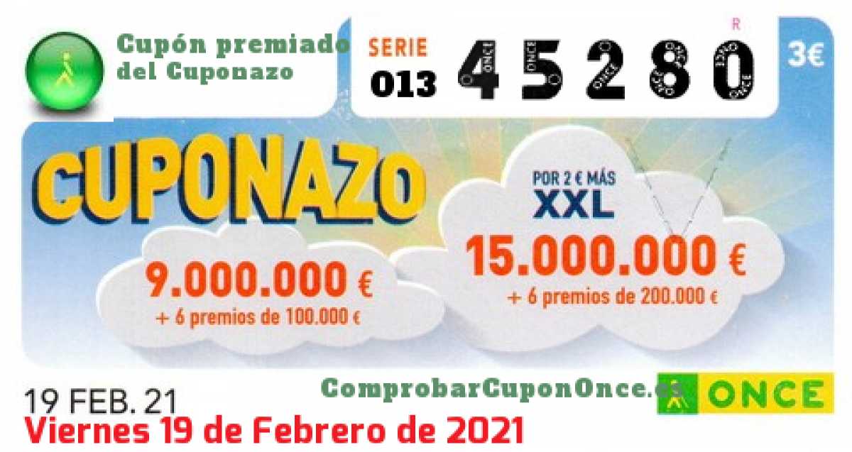 Cuponazo ONCE premiado el Viernes 19/2/2021