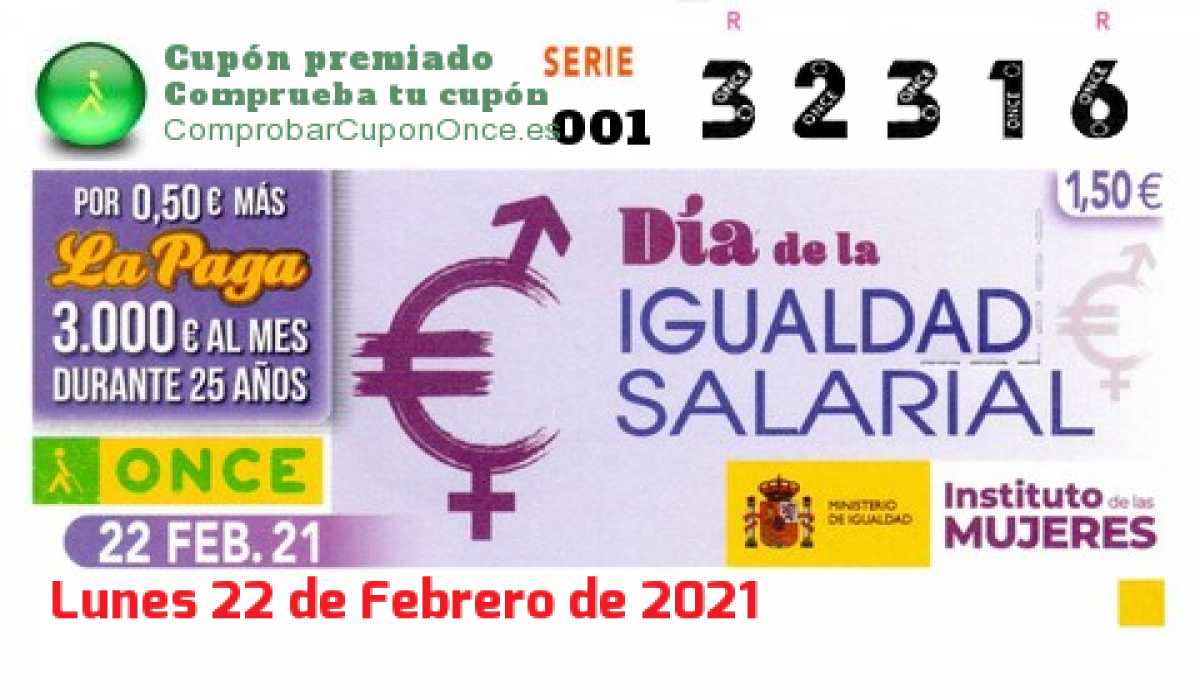 Cupón ONCE premiado el Lunes 22/2/2021