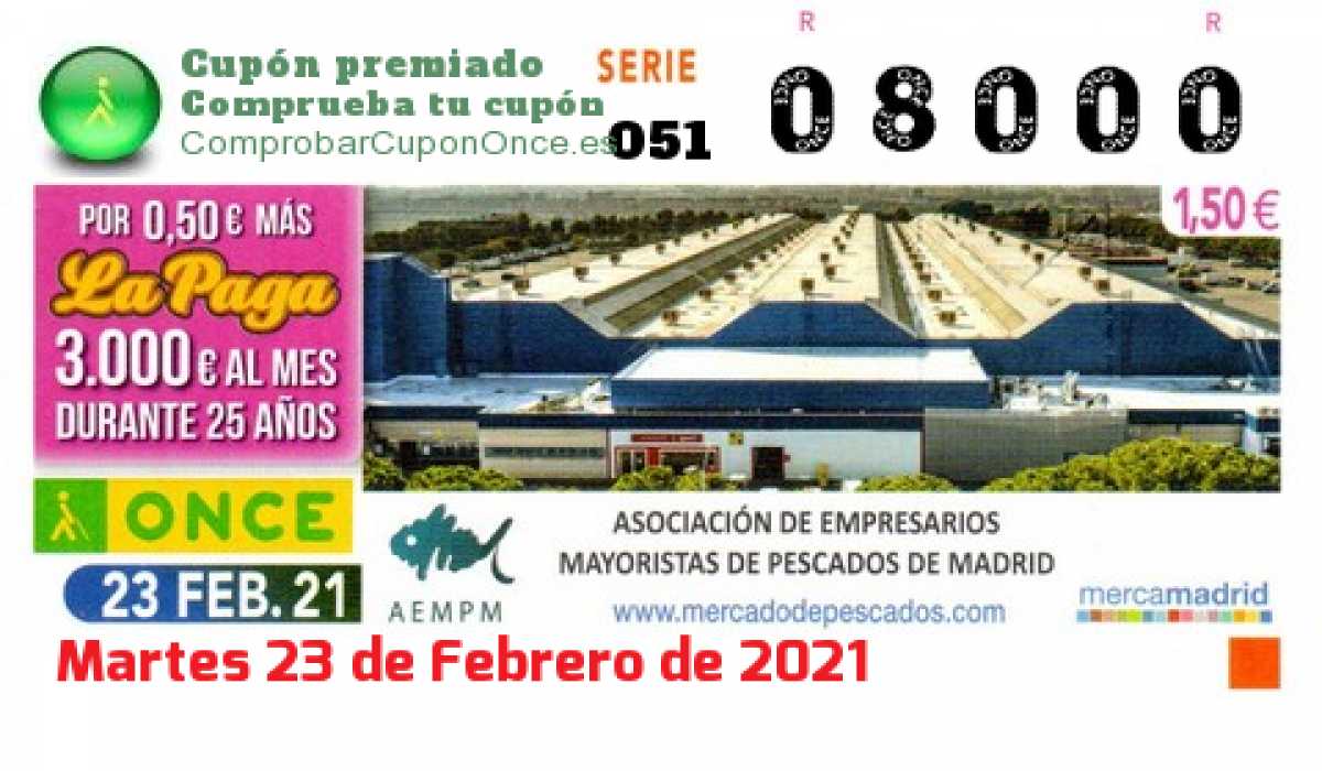 Cupón ONCE premiado el Martes 23/2/2021