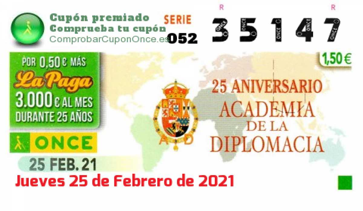 Cupón ONCE premiado el Jueves 25/2/2021