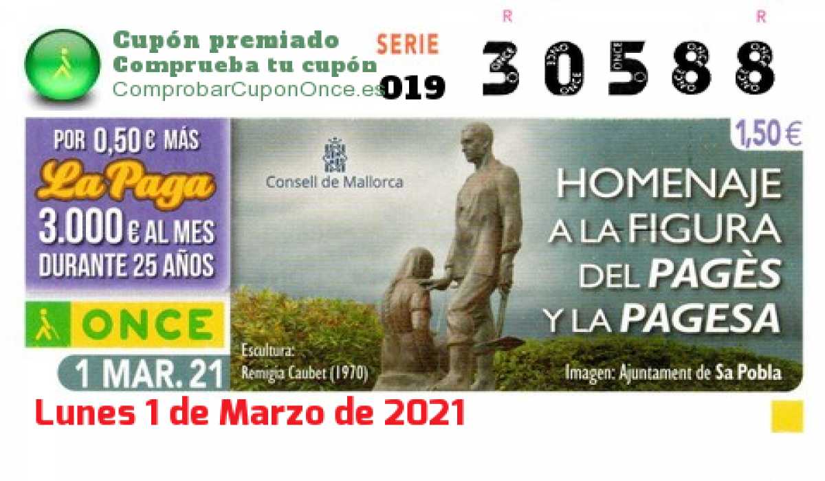 Cupón ONCE premiado el Lunes 1/3/2021