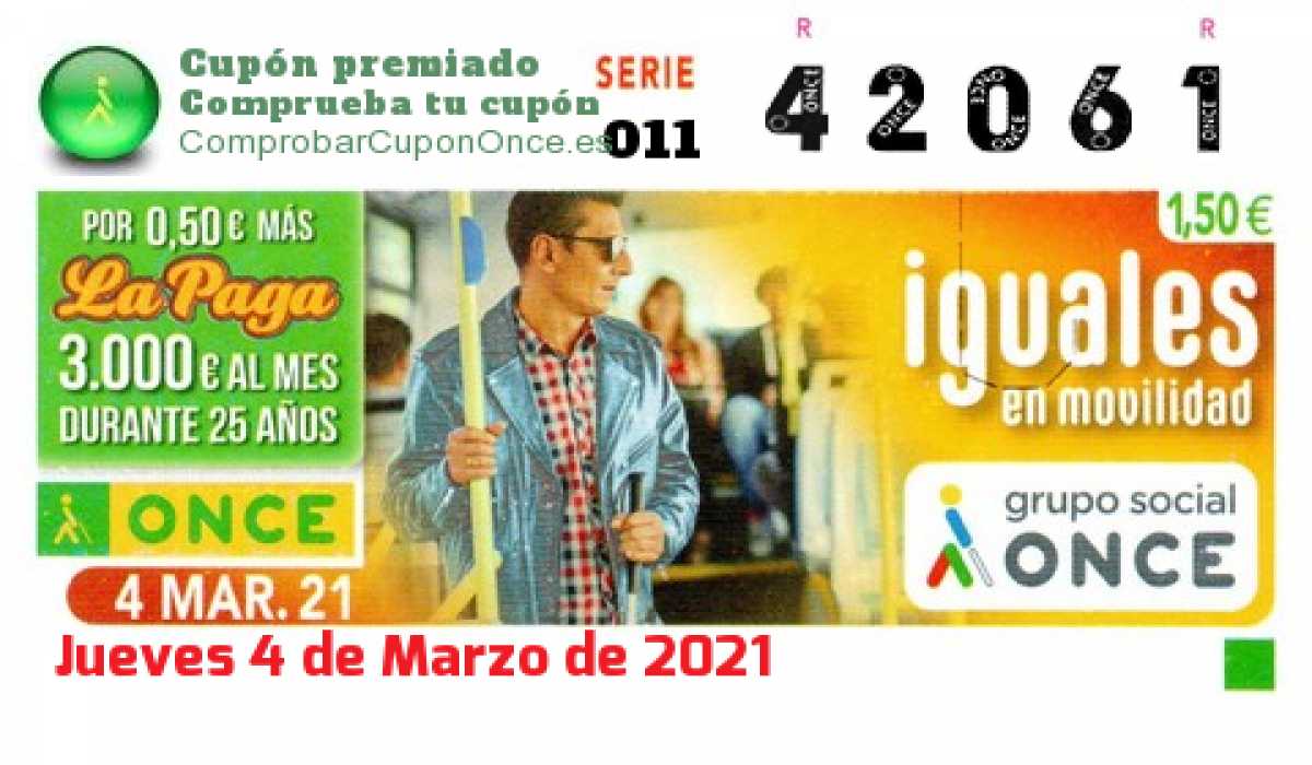 Cupón ONCE premiado el Jueves 4/3/2021