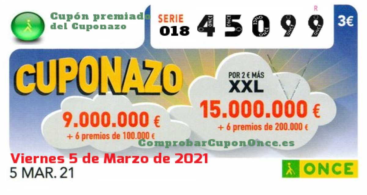 Cuponazo ONCE premiado el Viernes 5/3/2021