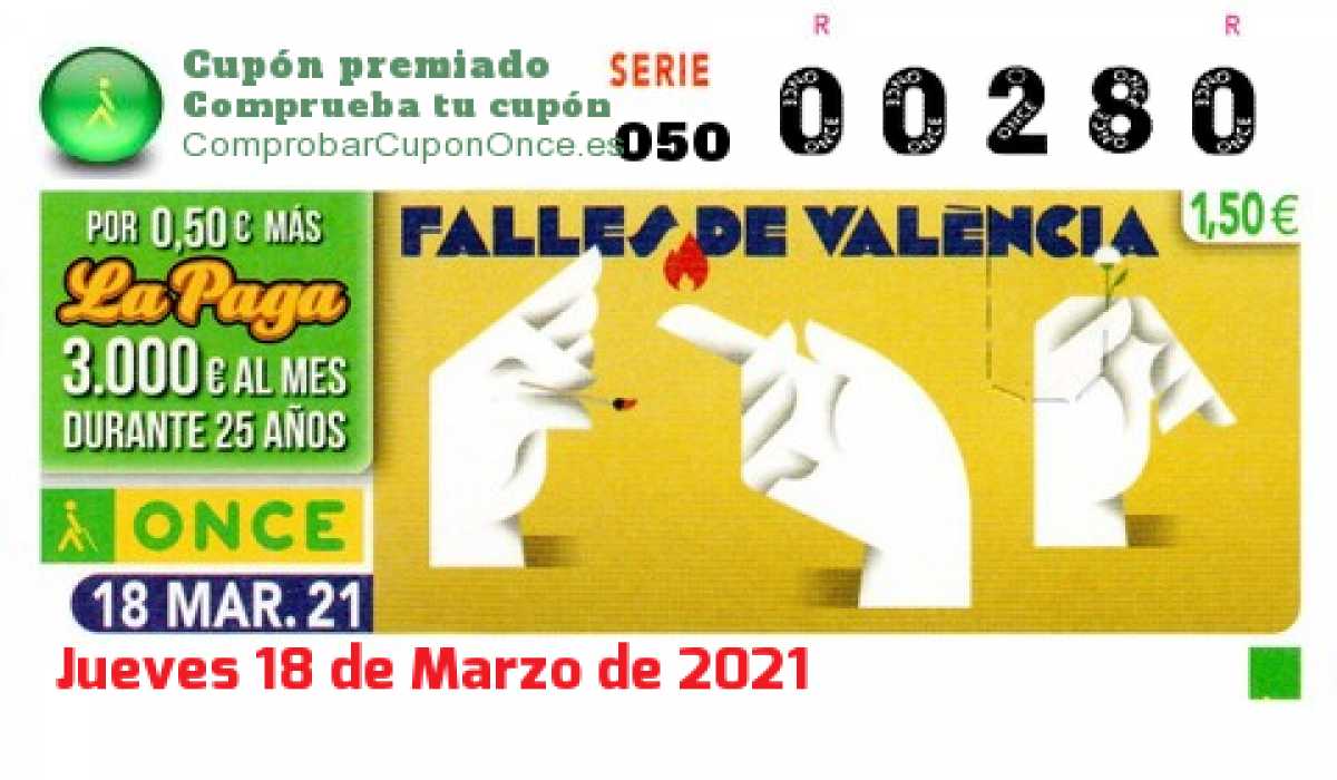 Cupón ONCE premiado el Jueves 18/3/2021