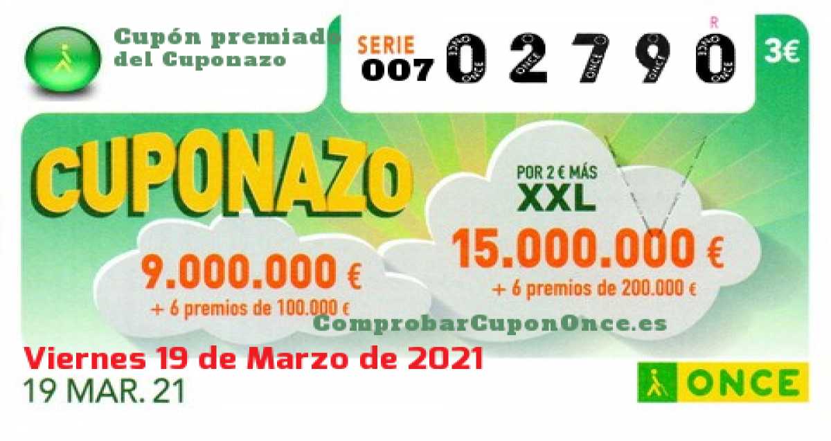 Cuponazo ONCE premiado el Viernes 19/3/2021