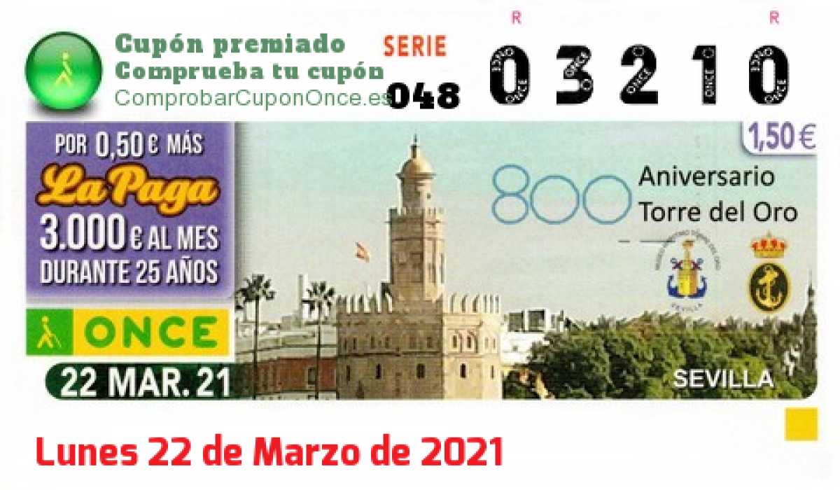 Cupón ONCE premiado el Lunes 22/3/2021