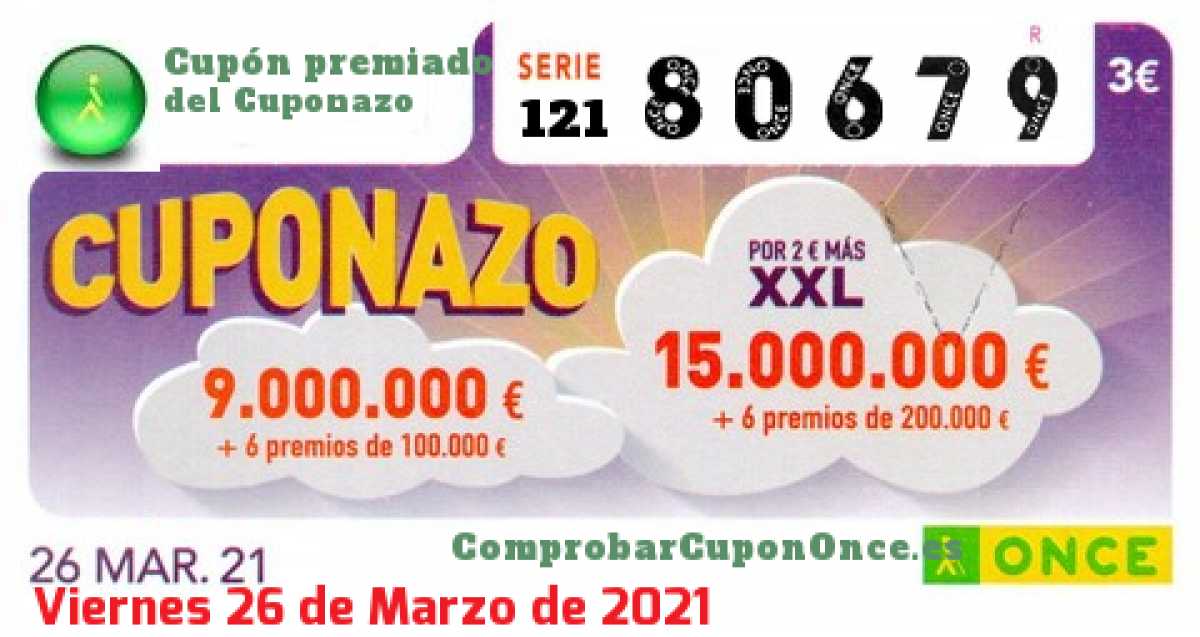 Cuponazo ONCE premiado el Viernes 26/3/2021