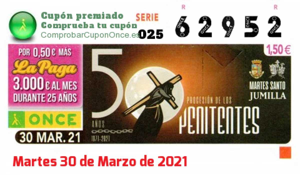 Cupón ONCE premiado el Martes 30/3/2021