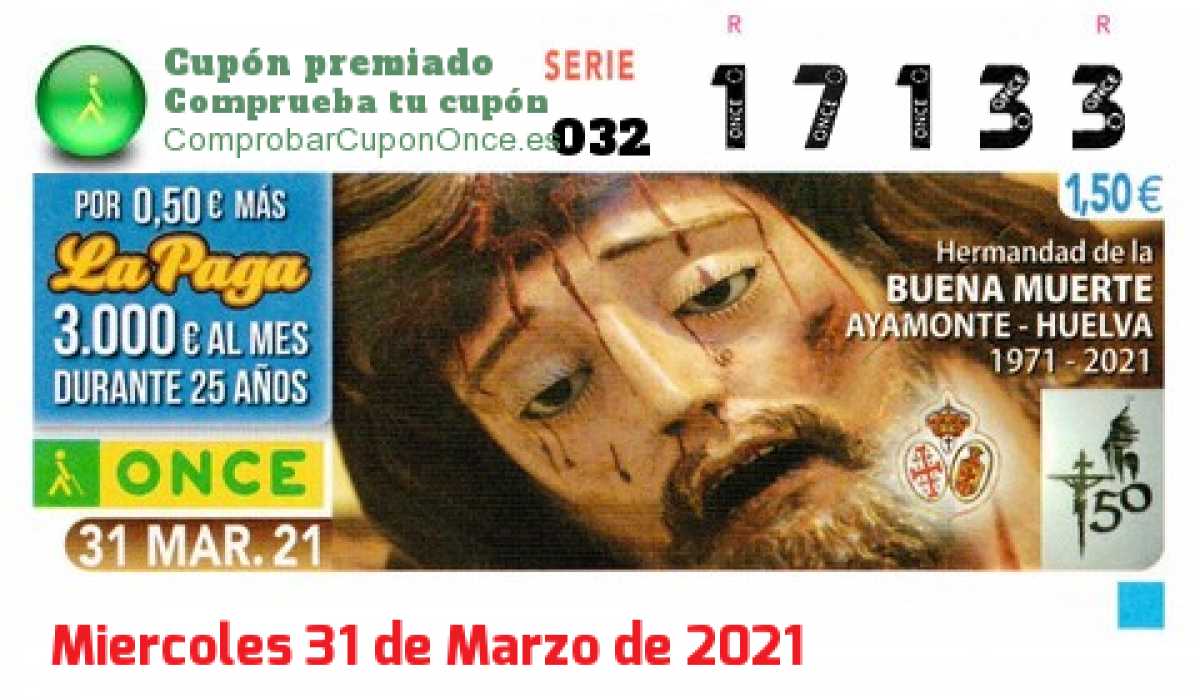 Cupón ONCE premiado el Miercoles 31/3/2021