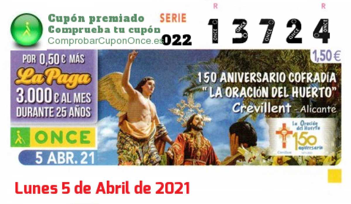 Cupón ONCE premiado el Lunes 5/4/2021