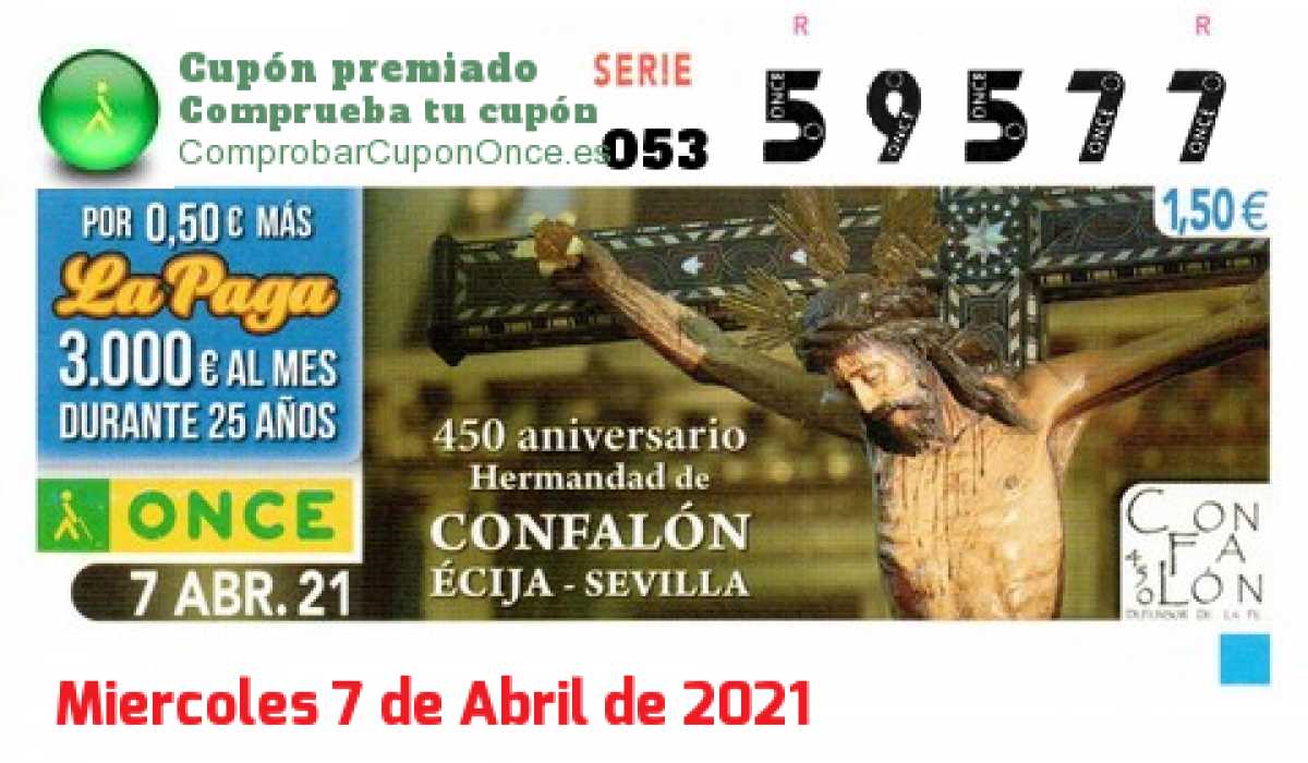 Cupón ONCE premiado el Miercoles 7/4/2021