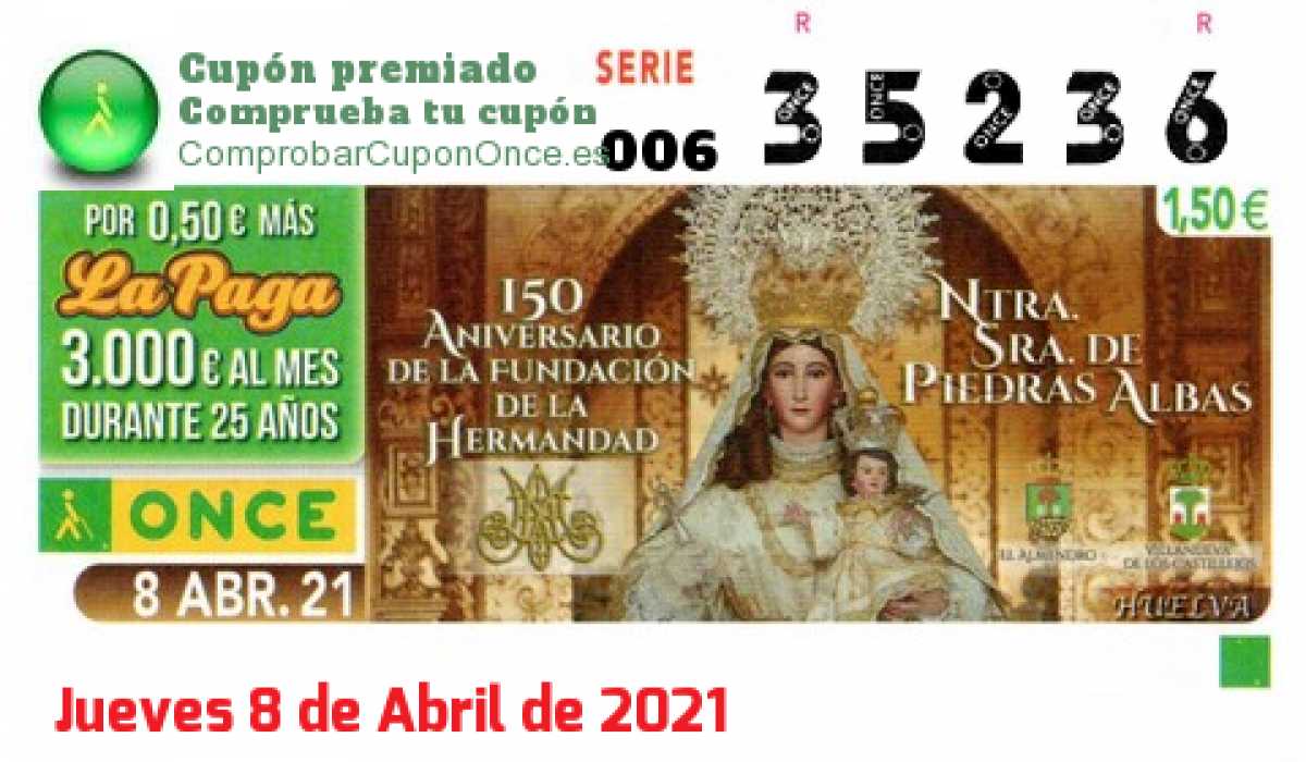 Cupón ONCE premiado el Jueves 8/4/2021