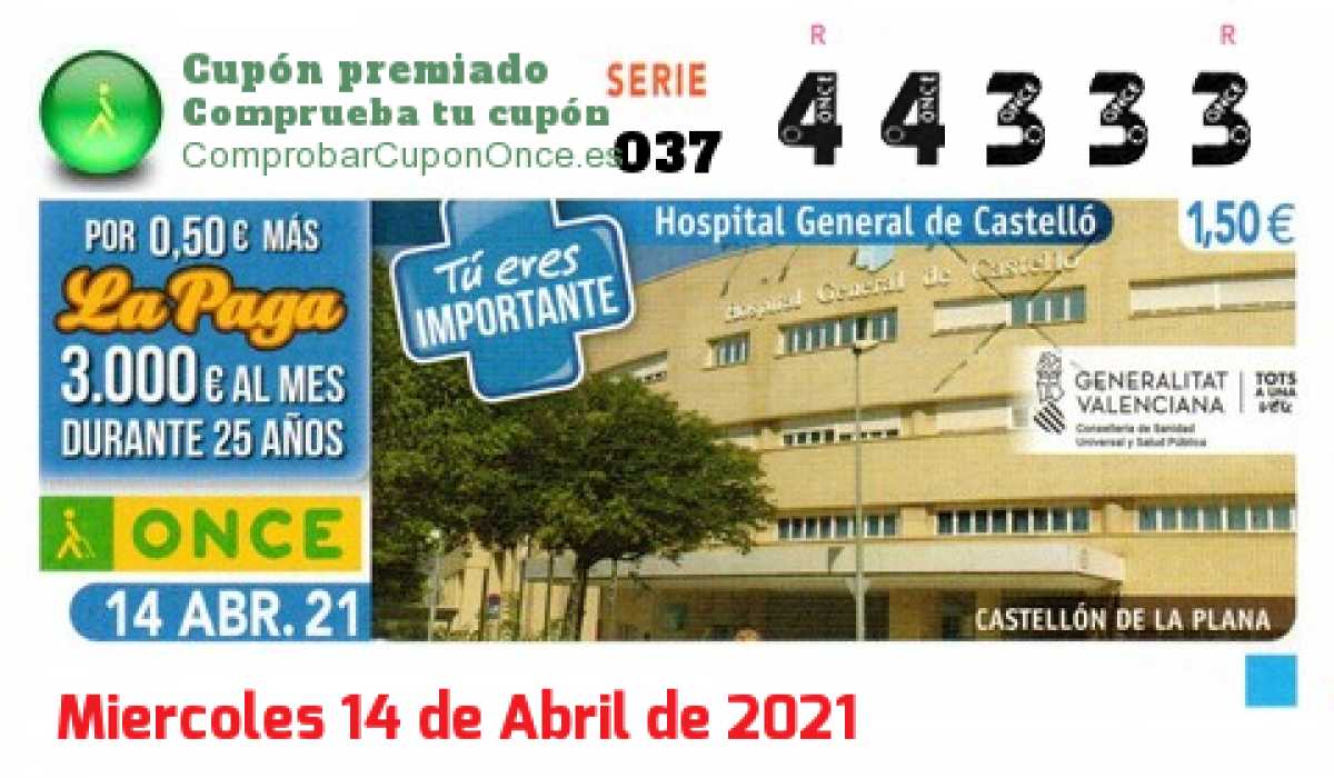 Cupón ONCE premiado el Miercoles 14/4/2021