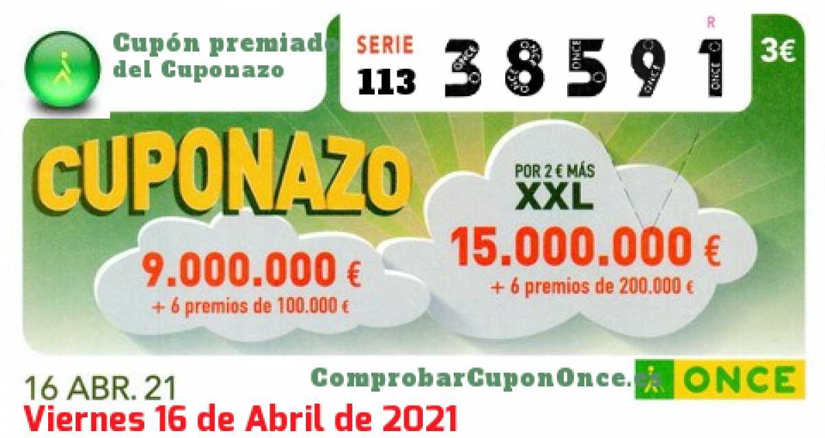 Cuponazo ONCE premiado el Viernes 16/4/2021