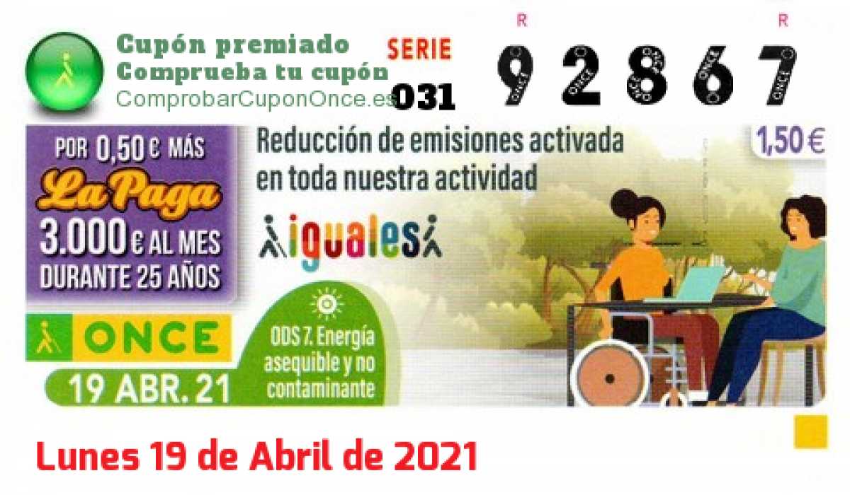 Cupón ONCE premiado el Lunes 19/4/2021