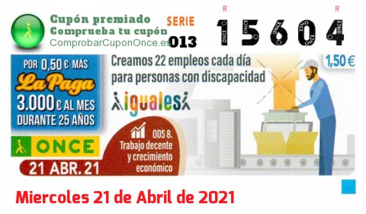 Cupón ONCE premiado el Miercoles 21/4/2021