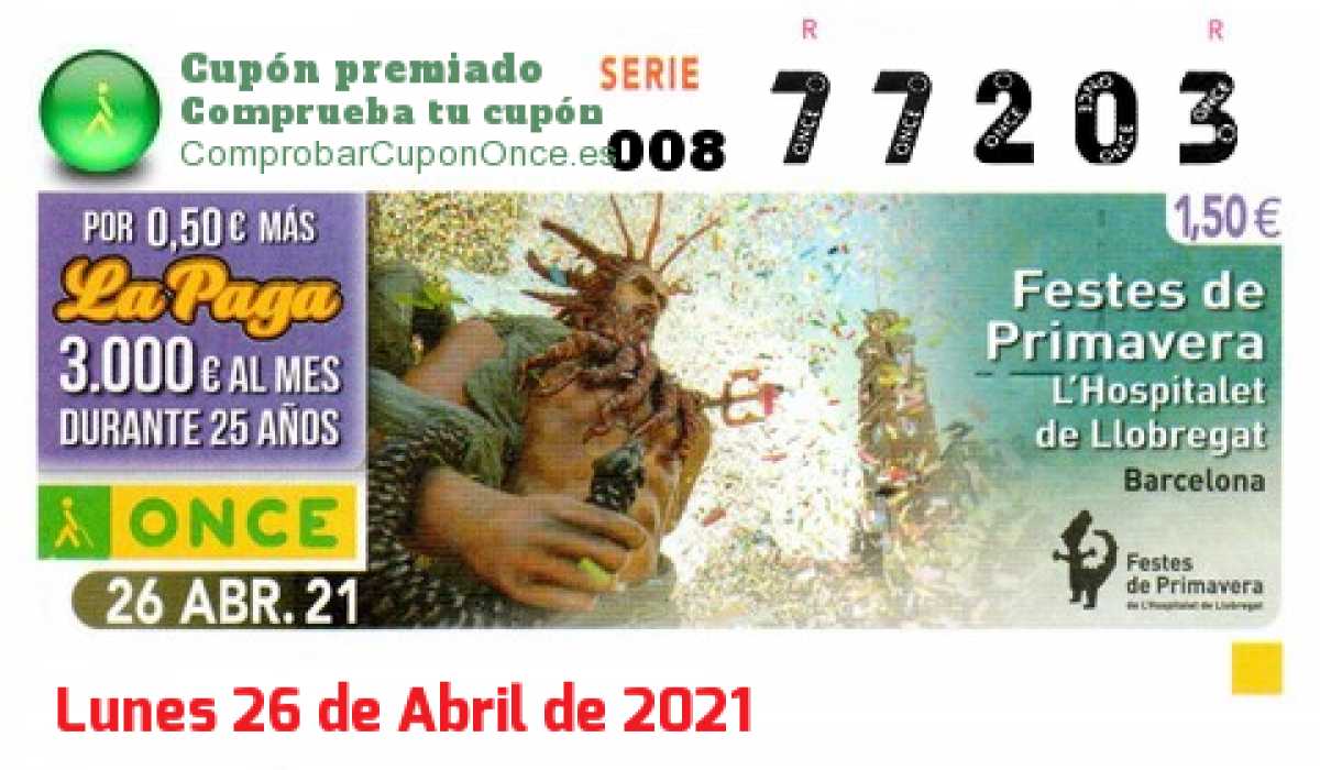 Cupón ONCE premiado el Lunes 26/4/2021