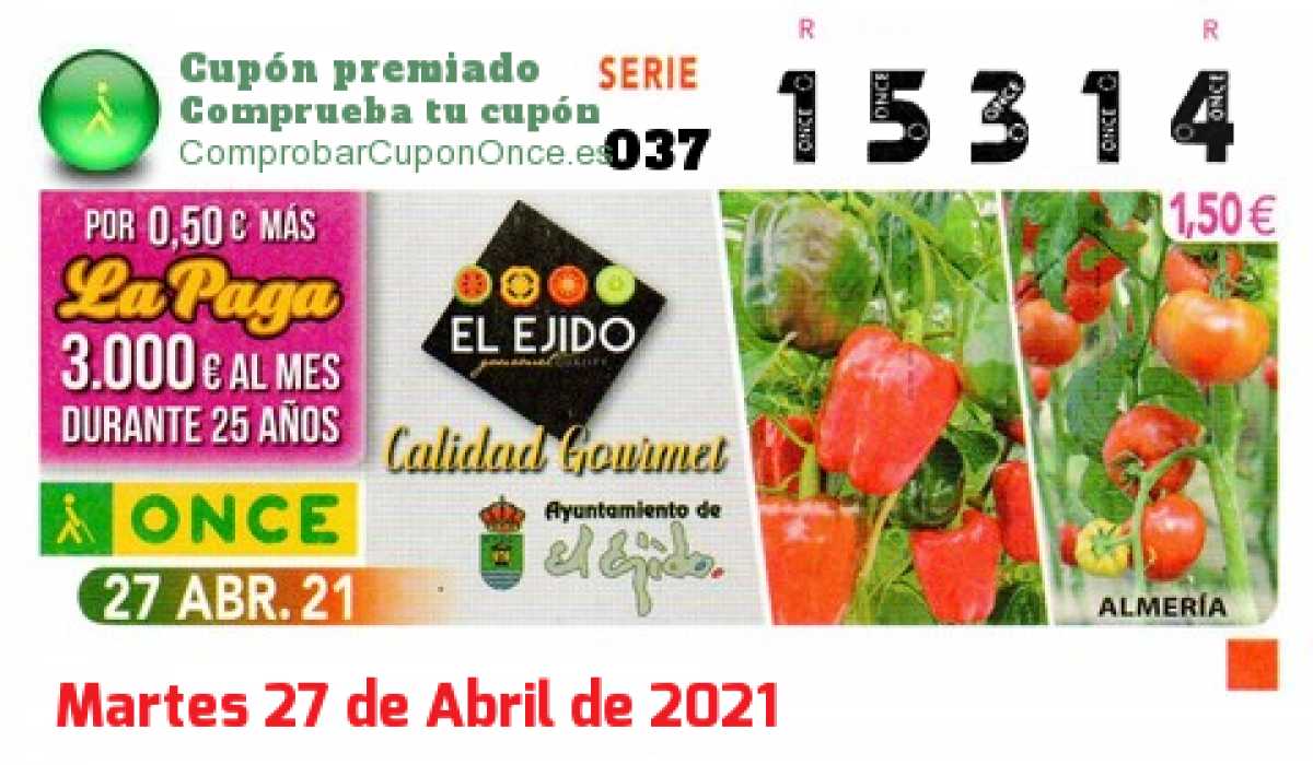 Cupón ONCE premiado el Martes 27/4/2021