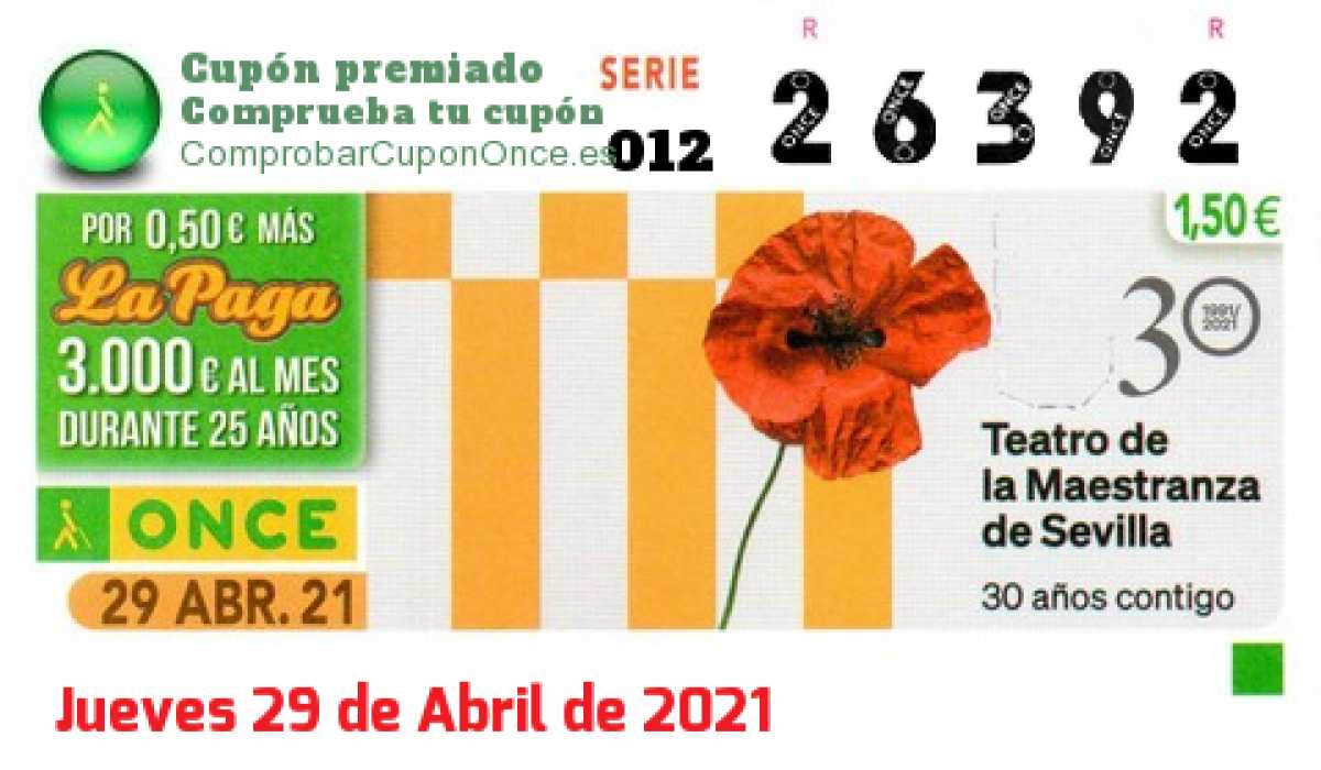 Cupón ONCE premiado el Jueves 29/4/2021