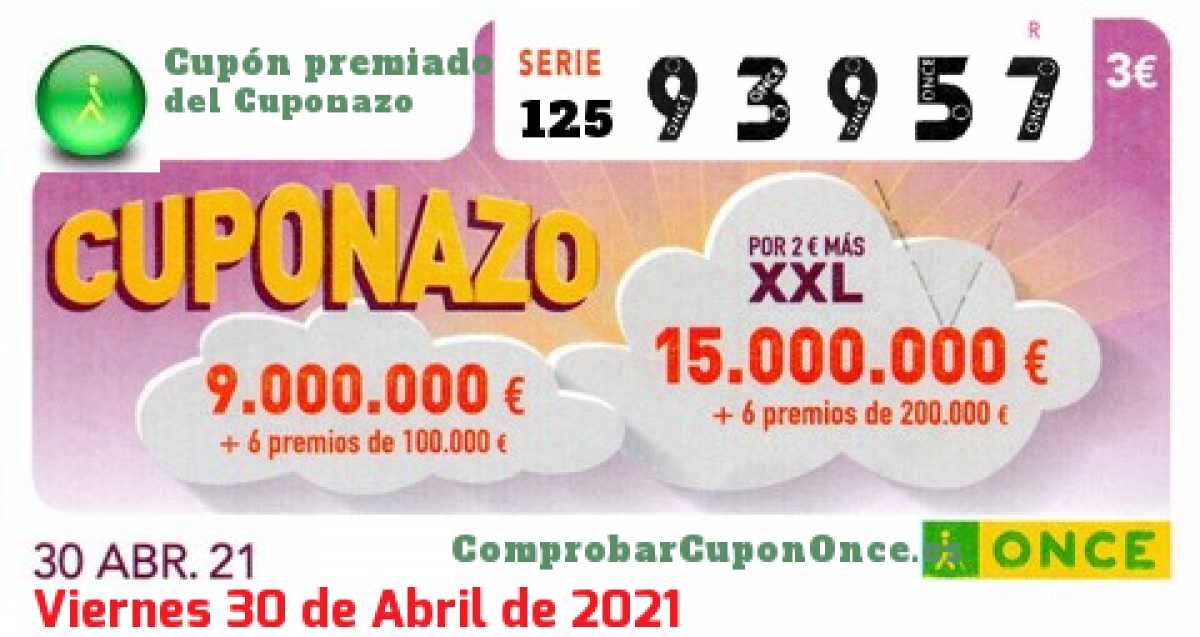 Cuponazo ONCE premiado el Viernes 30/4/2021