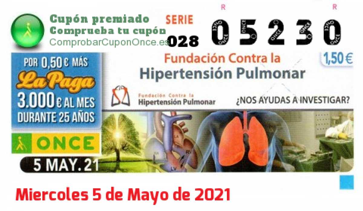 Cupón ONCE premiado el Miercoles 5/5/2021