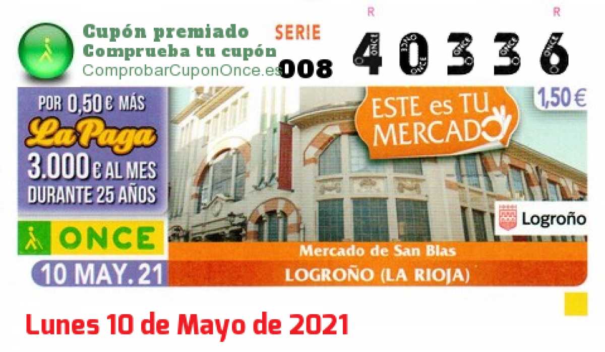 Cupón ONCE premiado el Lunes 10/5/2021