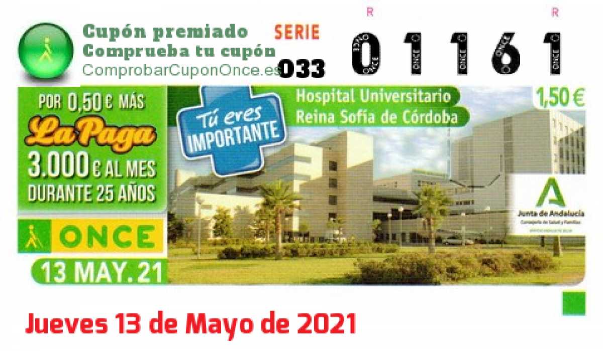 Cupón ONCE premiado el Jueves 13/5/2021