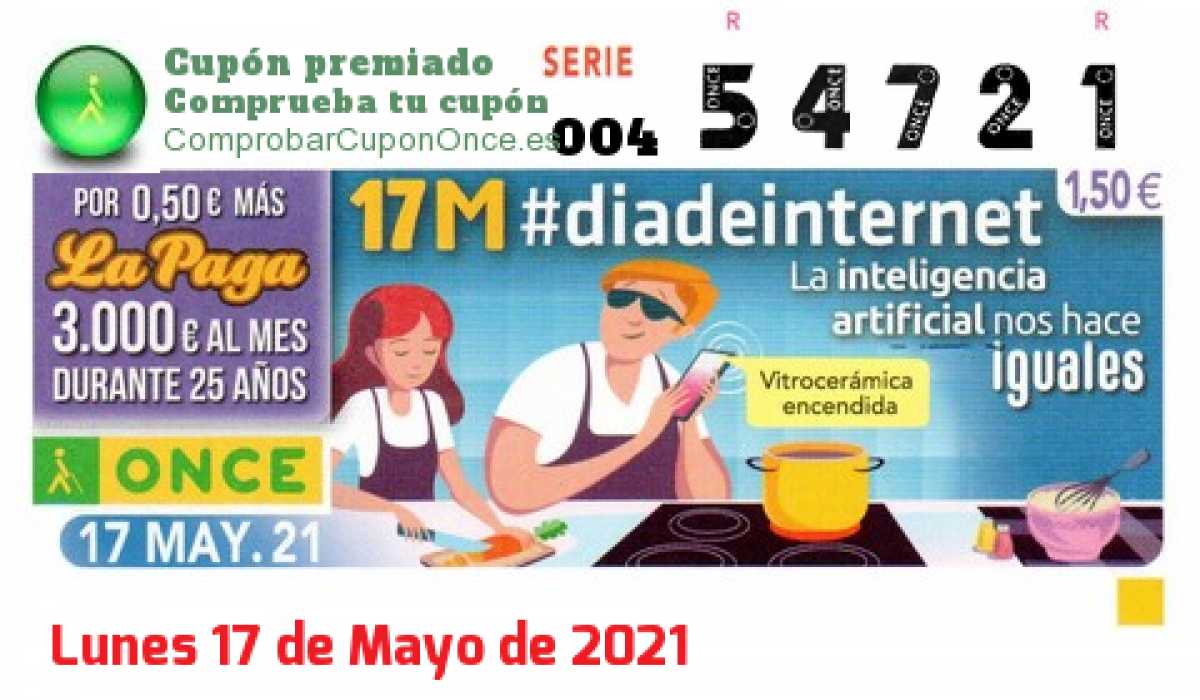 Cupón ONCE premiado el Lunes 17/5/2021