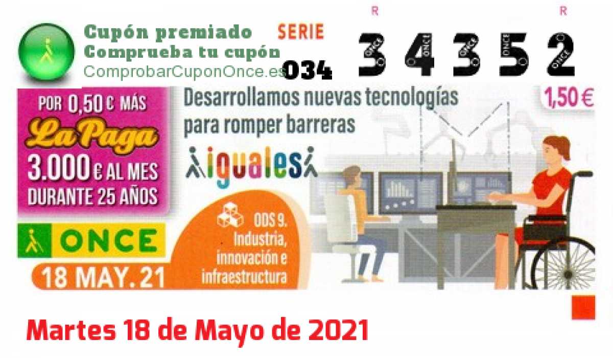 Cupón ONCE premiado el Martes 18/5/2021