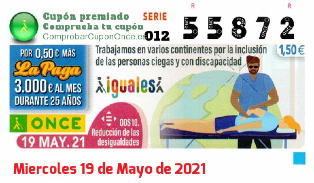 Cupón ONCE premiado el Miercoles 19/5/2021