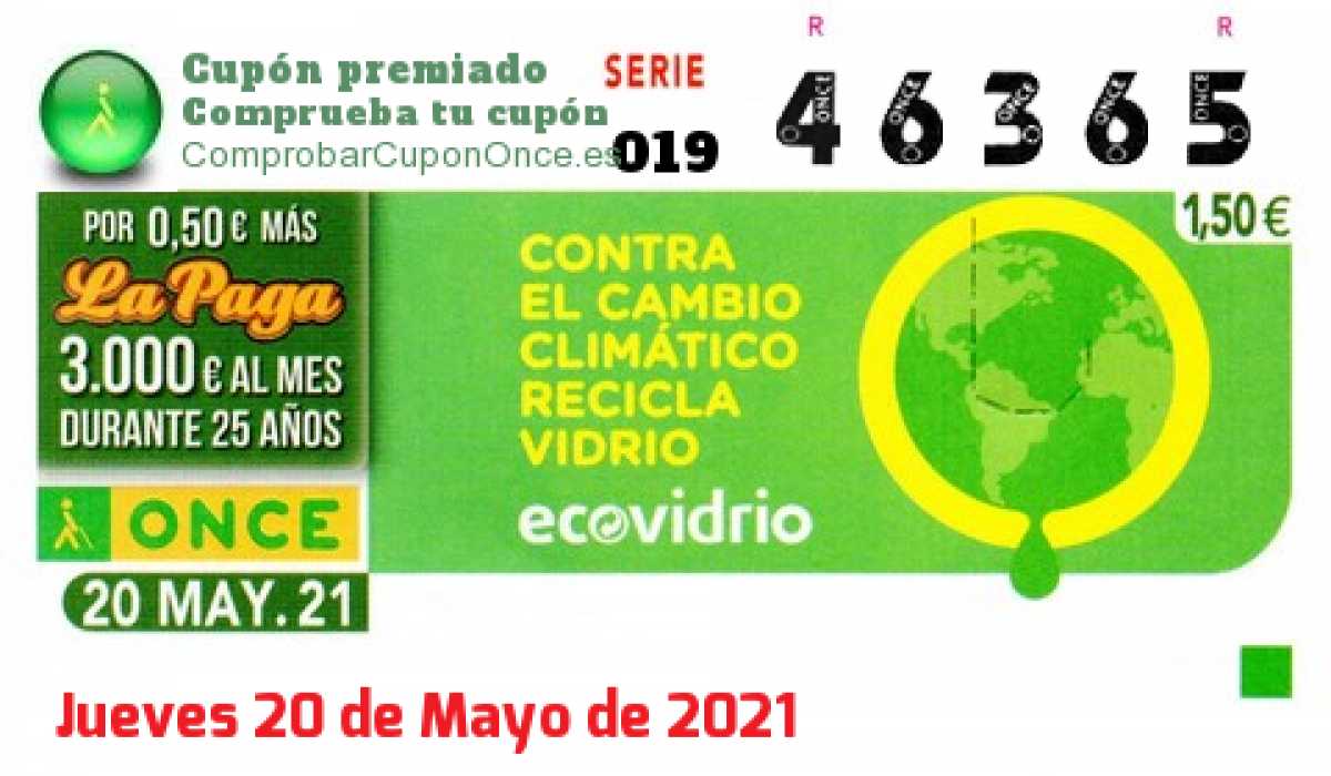 Cupón ONCE premiado el Jueves 20/5/2021