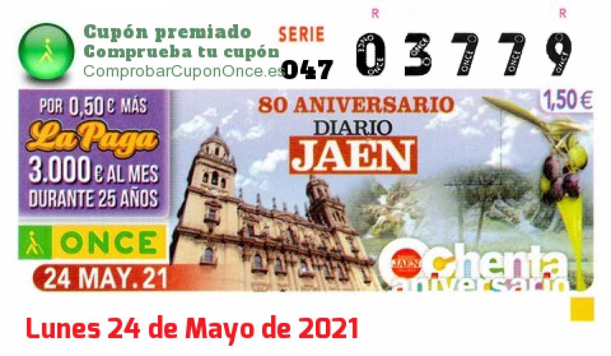 Cupón ONCE premiado el Lunes 24/5/2021