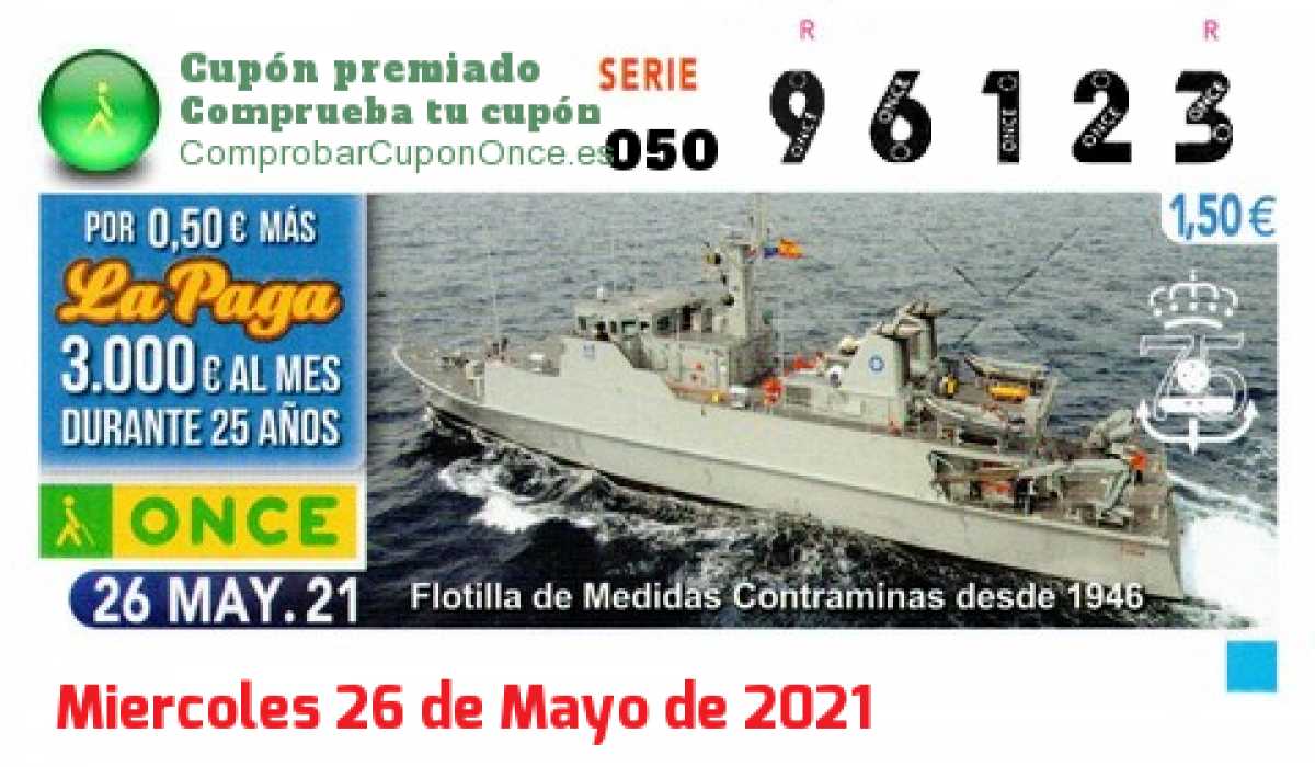 Cupón ONCE premiado el Miercoles 26/5/2021