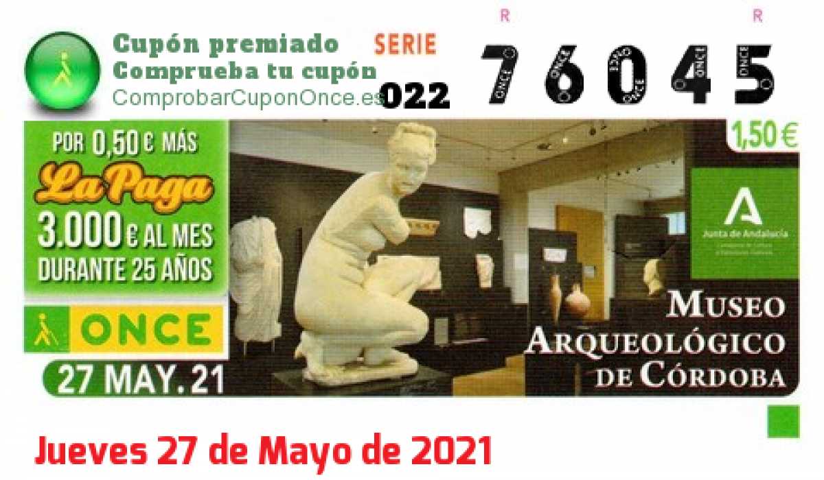 Cupón ONCE premiado el Jueves 27/5/2021