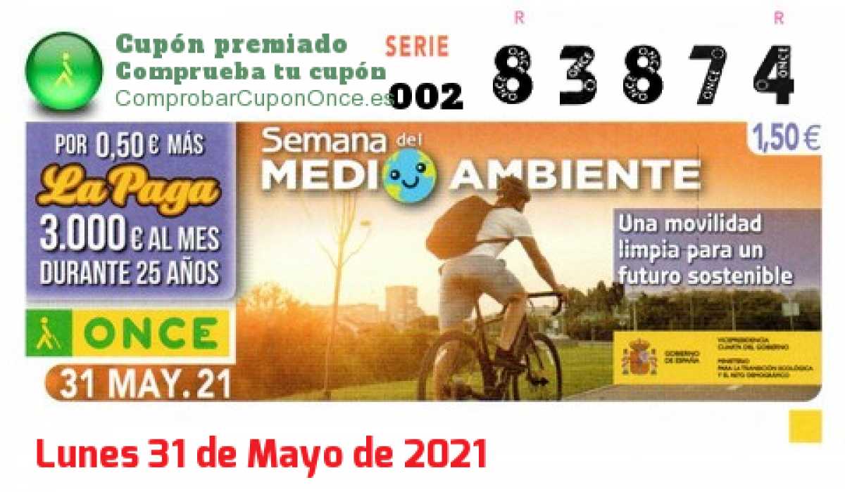 Cupón ONCE premiado el Lunes 31/5/2021